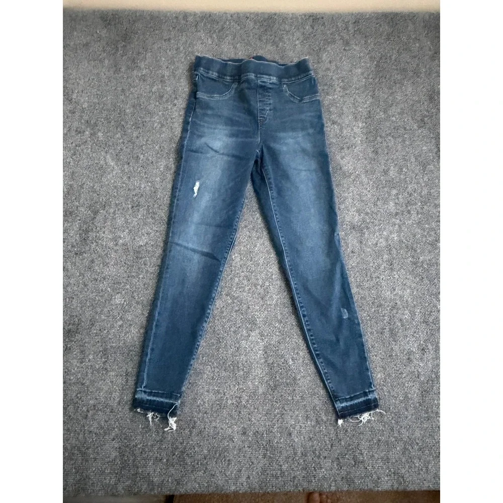 Spanx Jean-ish Ankle Leggings Medium Indigo Distressed Raw Hem Pull On Denim